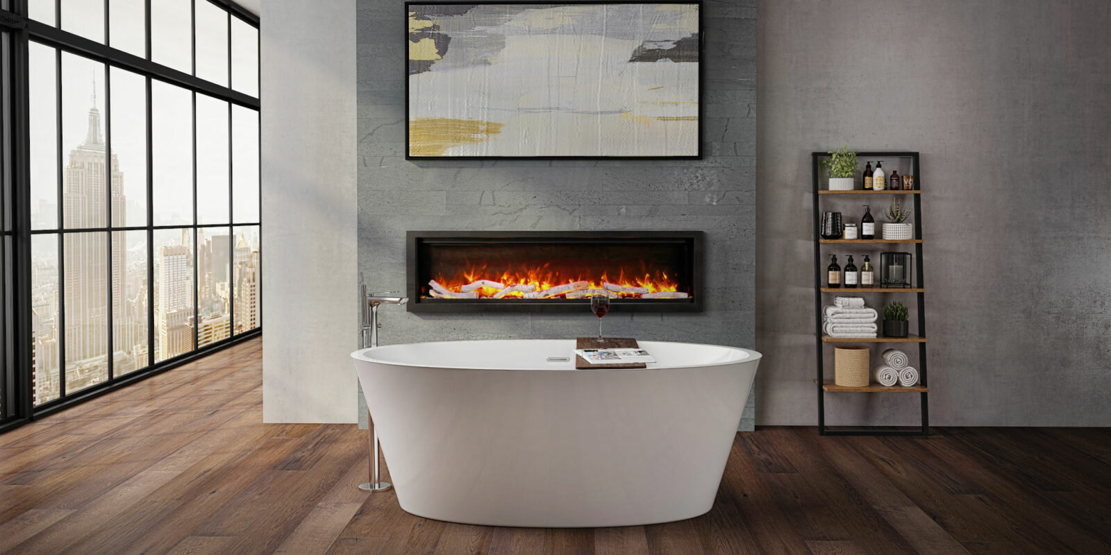 Impressionist® 60 Electric Fireplace in a modern apartment bathroom.