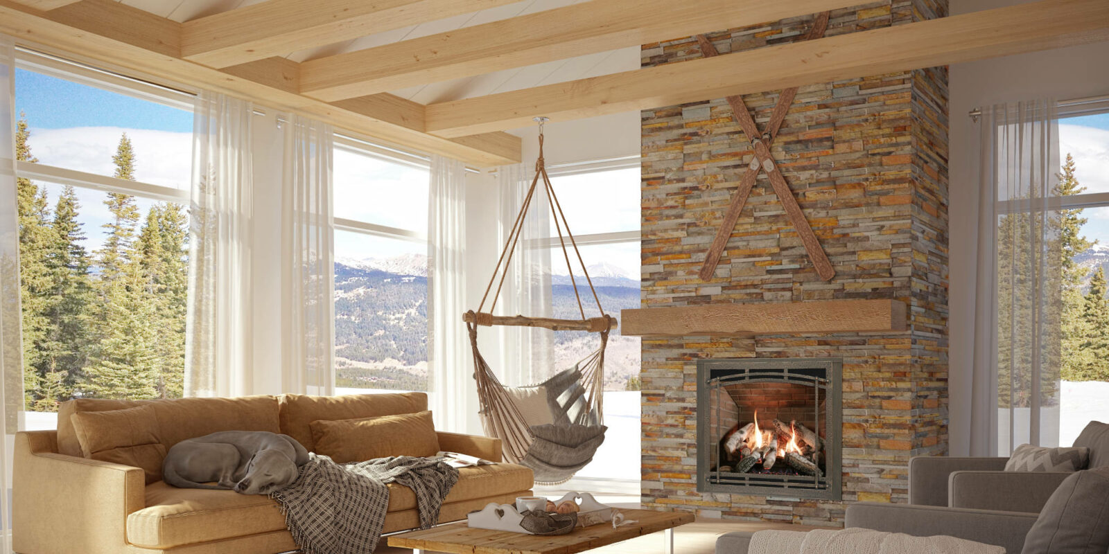 Intrigue® 42 Built-in Gas Fireplace in a classic cozy cabin.