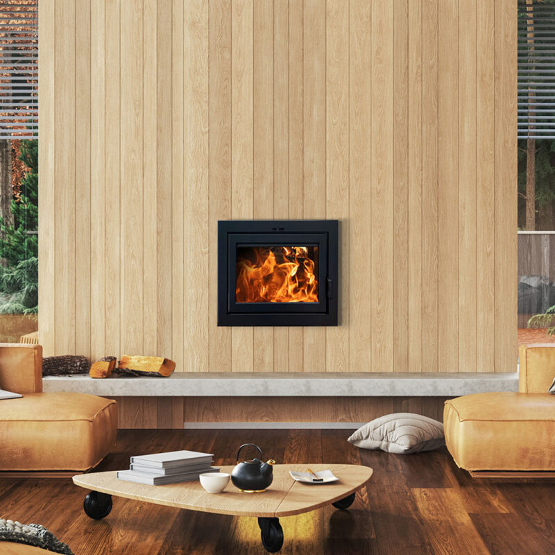 Black Elegance® 30 wood fireplace insert in a wood paneled styled room.