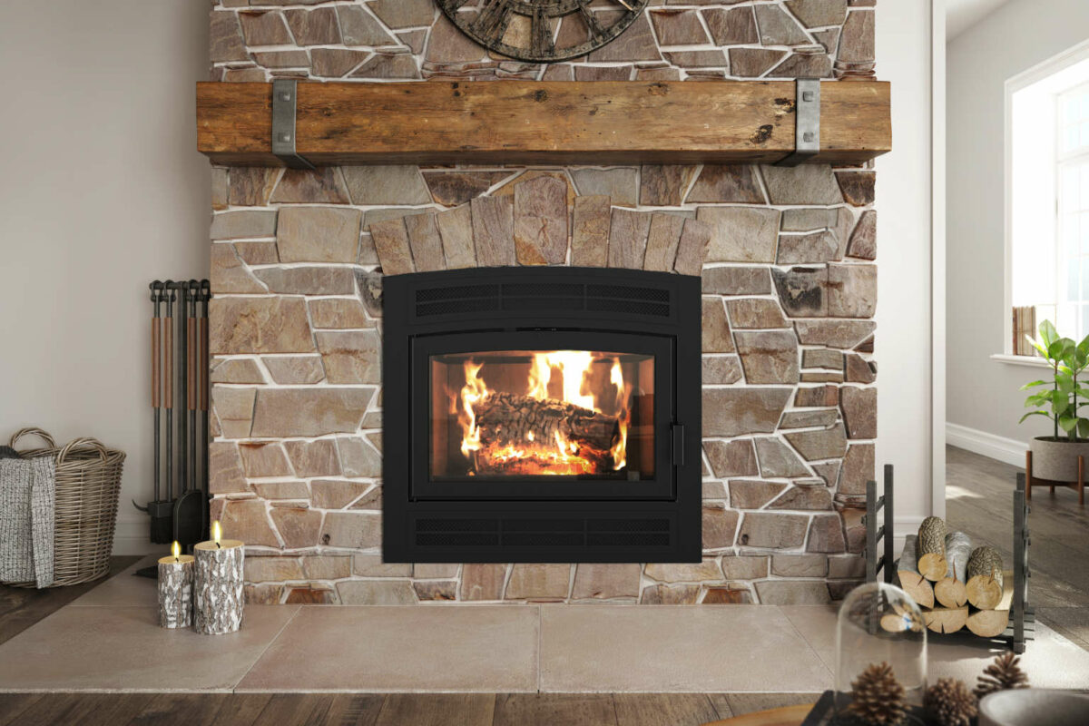 Elegance® 36 Built-in Wood Burning Fireplace with stone surround.