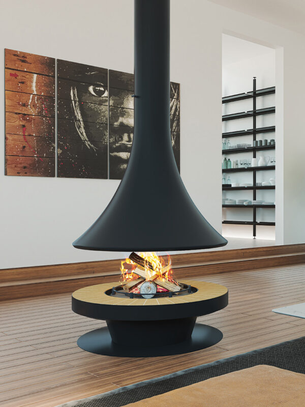 Black JC Bordelet Eva Luxury Suspended Fireplace with yellow brick in living room.