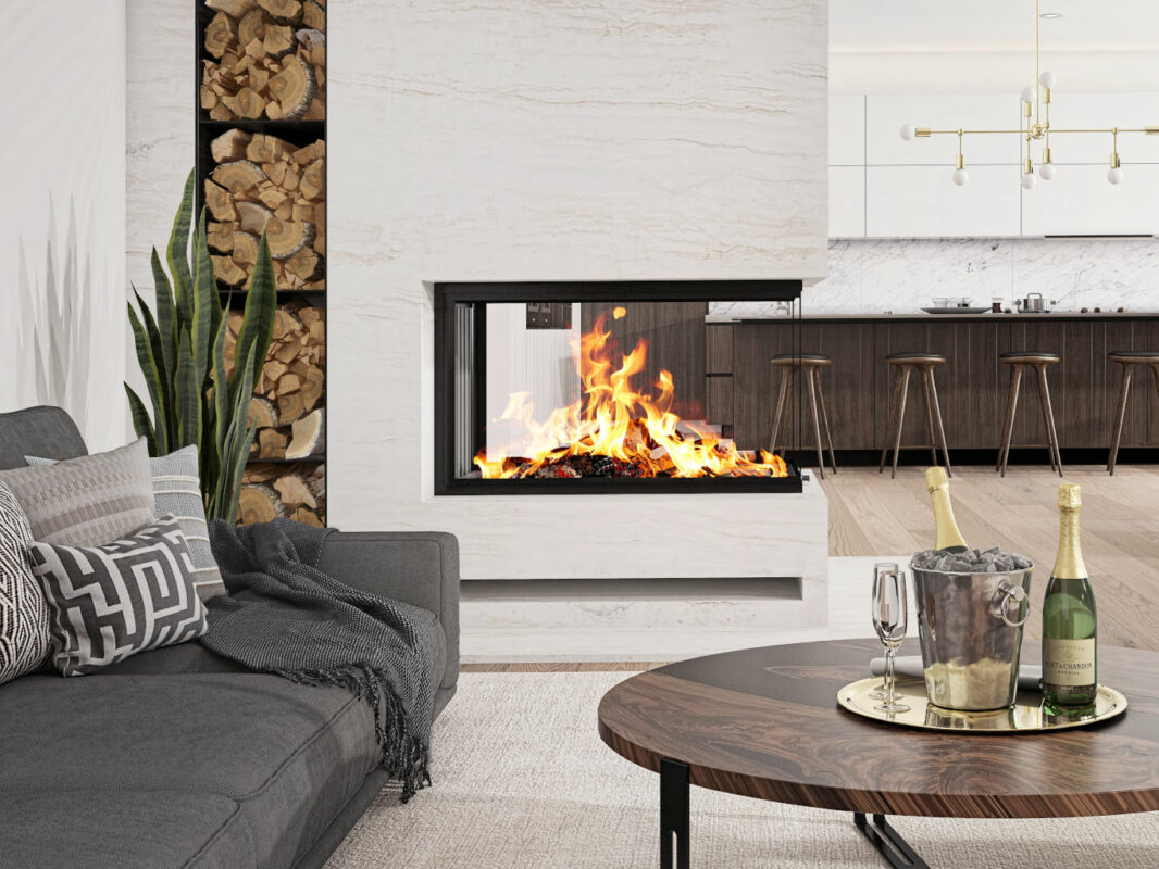 LUXUS® 36 Pier Guillotine Wood Fireplace in a living room with a bar.