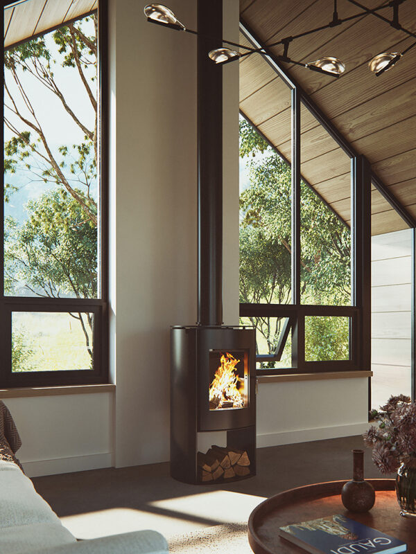 Nectre N65 Compact Wood Stove in a modern cabin.