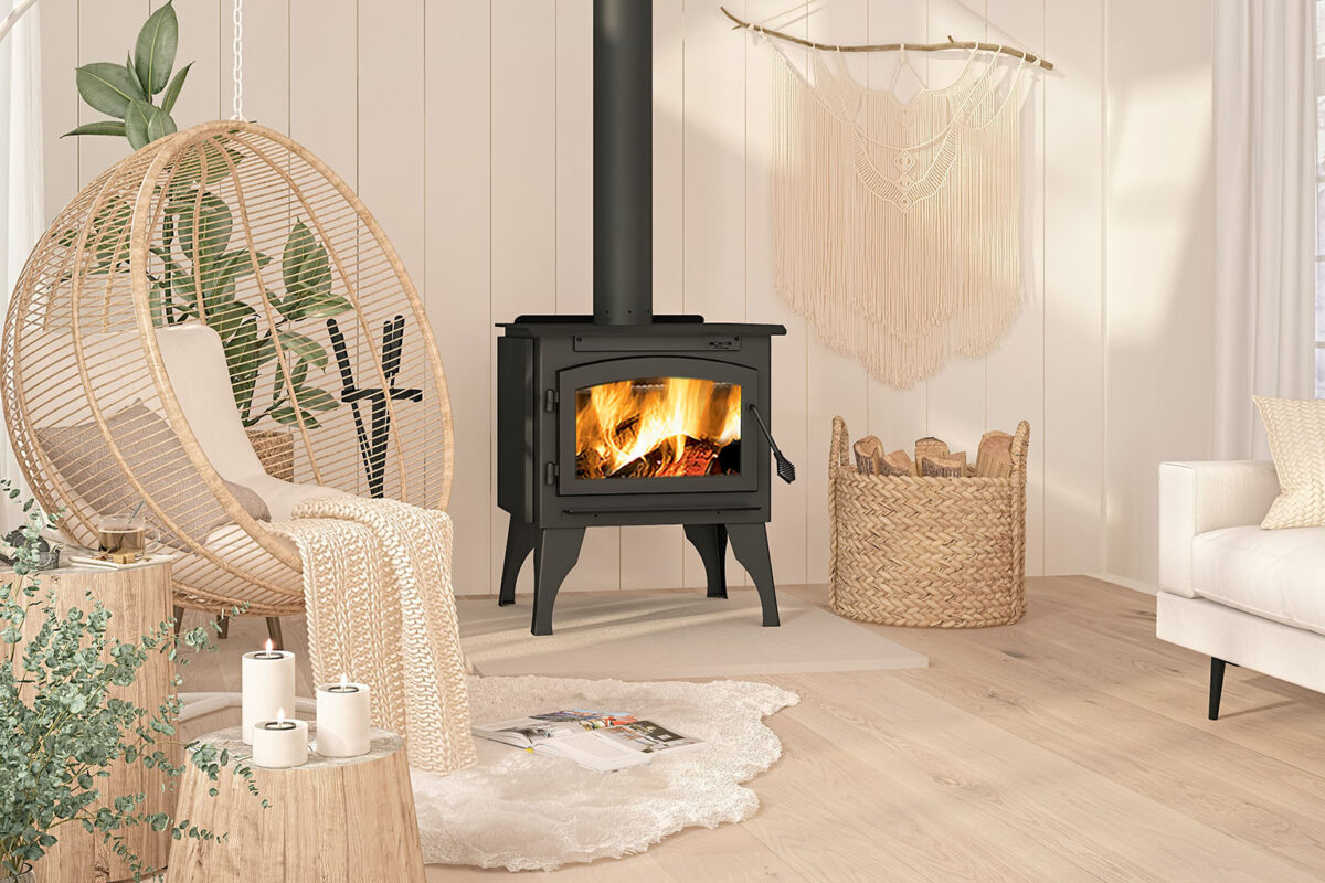 Ambiance Outlander® 19 Wood Stove in sheik white room.