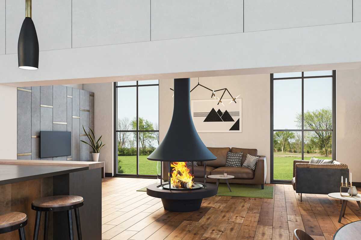 Black JC Bordelet Eva Luxury Suspended Fireplace in modern lounge.