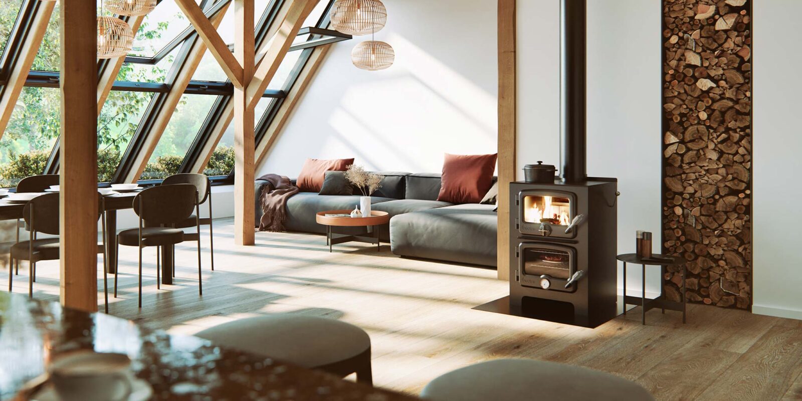 Modern chalet interior with Nectre N350 wood-burning cookstove combining heating and cooking functionality