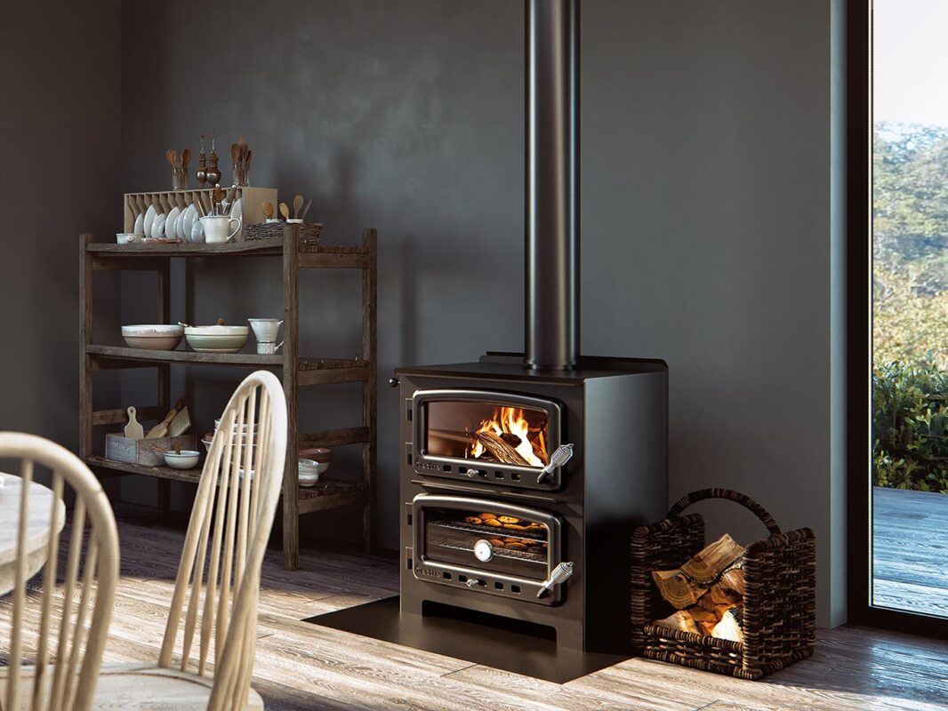 Rustic modern dining room featuring a Nectre N550 wood-burning cookstove with integrated oven and warm ambient lighting.